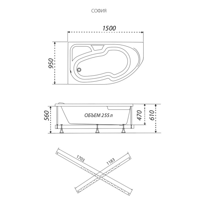 Ванна акриловая обрезанная София 150-левая 1500Х950Х610