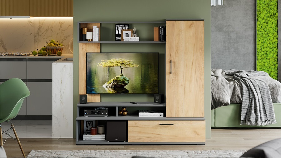 Стенка «Сиена» Графит Серый, Дуб Крафт золотой