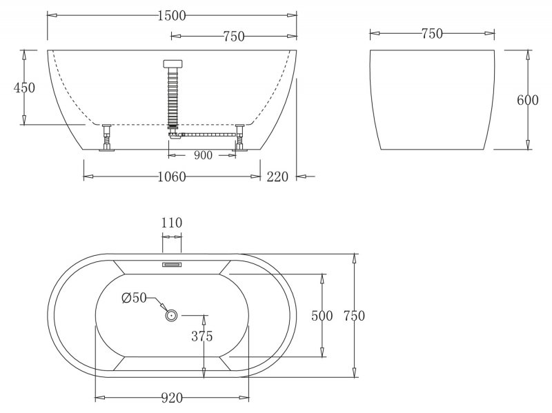 Ванна акриловая отдельностоящая BELBAGNO BB70-150Х75