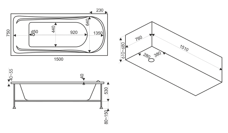 Ванна акриловая BAS "БРИЗ" 150Х75 с г/м FLAT