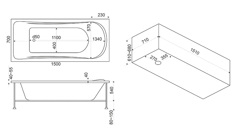 Ванна акриловая BAS "ВЕРОНА" 150Х70 с г/м FLAT