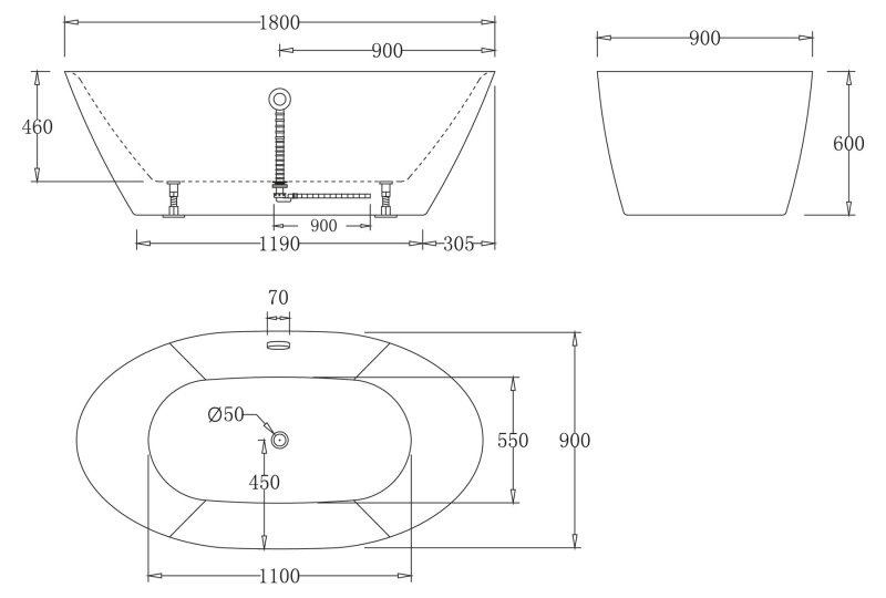 Ванна акриловая отдельностоящая BELBAGNO BB68-180Х90