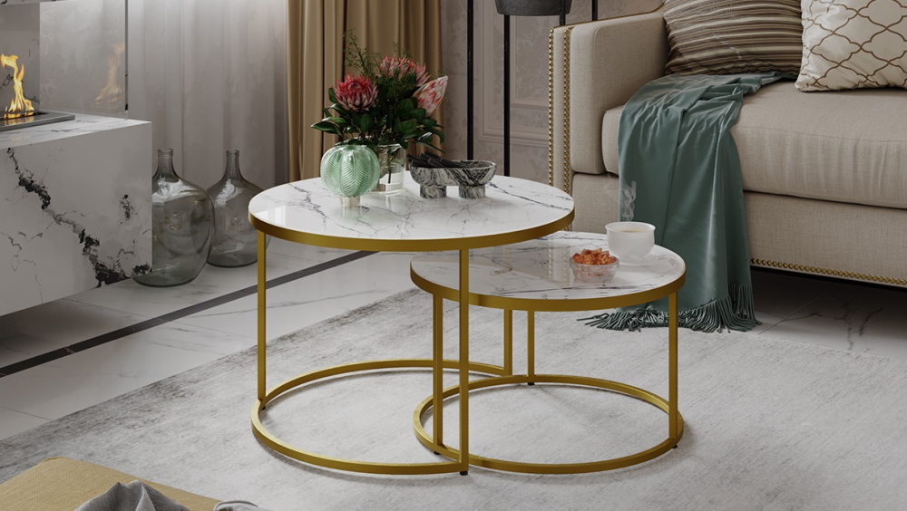 Стол журнальный "Вега" Золото, Стекло белый мрамор