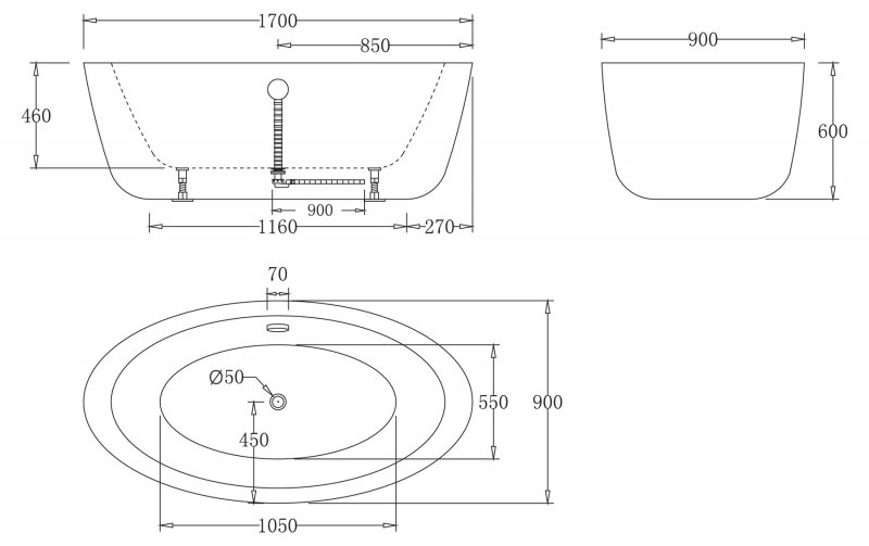 Ванна акриловая отдельностоящая BELBAGNO BB67-170Х90