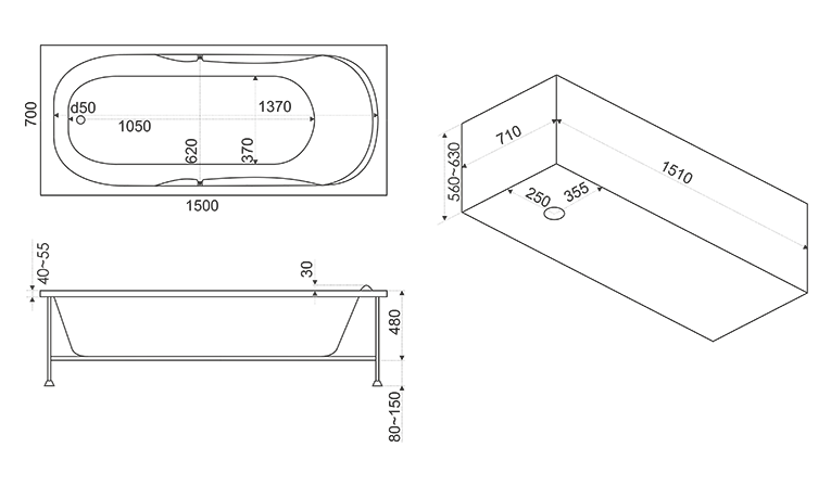 Ванна акриловая BAS "ИБИЦА" 150Х70 с г/м FLAT