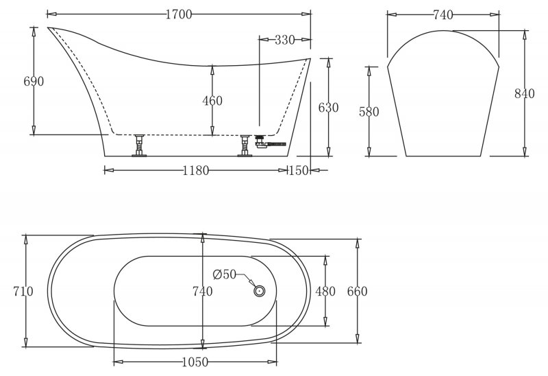 Ванна акриловая отдельностоящая BELBAGNO BB64-170Х76