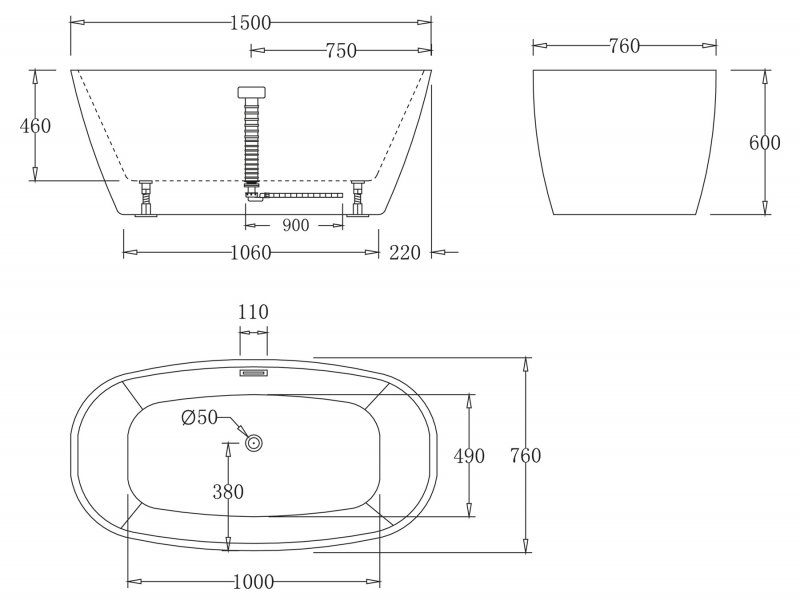 Ванна акриловая отдельностоящая BELBAGNO BB72-150Х76