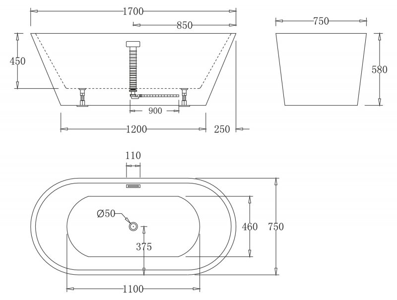 Ванна акриловая отдельностоящая BELBAGNO BB61-170Х80