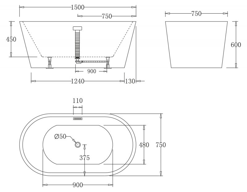 Ванна акриловая отдельностоящая BELBAGNO BB71-150Х75