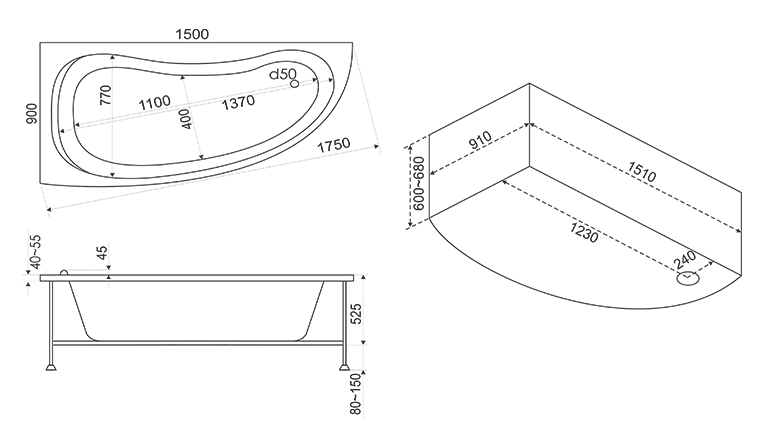 Ванна акриловая BAS "АЛЕГРА" 150Х90 с г/м FLAT правая