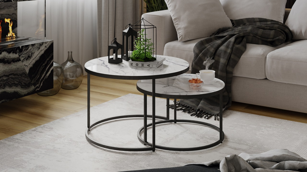 Стол журнальный "Вега" Черный, Стекло белый мрамор