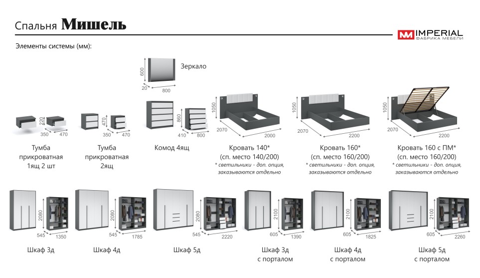 Тумба прикроватная 2 ящика "Мишель" Антрацит