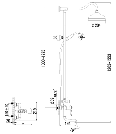 Смеситель для ванны LEMARK "VILLA" тропический душ LM4862B