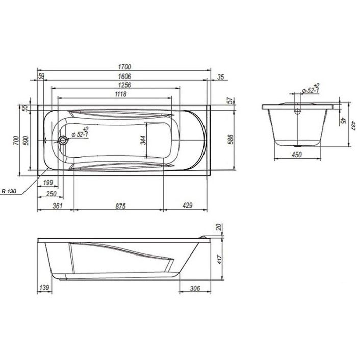 Ванна акриловая AM.PM Sense New 170x70 без гидромассажа